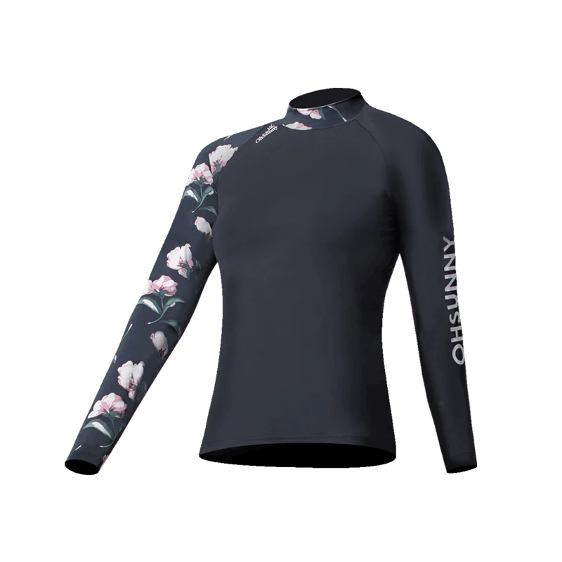 

OhSunny Women Swimwear Tops Sun Protection Black Rash Guard Print Floral Long Sleeve Surfing Shirts Diving Tops Quick Dry UPF50+