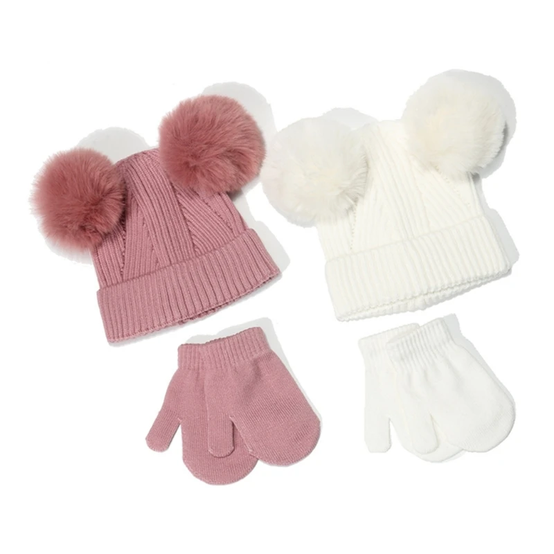 

Knitted Baby Winter Hat & Gloves Fluffy Balls Beanie Hat Windproof Cycling Gloves Toddler Headwear Unisex Clothing Accs