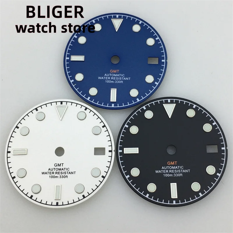 Enlarge BLIGER 29mm watch dial Blue white Black suitable for NH34 NH35 NH36 movement green luminous