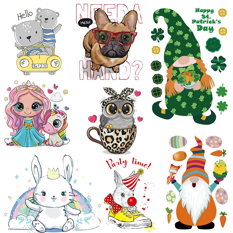 

Cartoon Animal Iron on Transfers Heat Iron Stickers Owl Bear Kids Clothing T-shirt Thermal Patches Sprite Stripes DIY Appliques