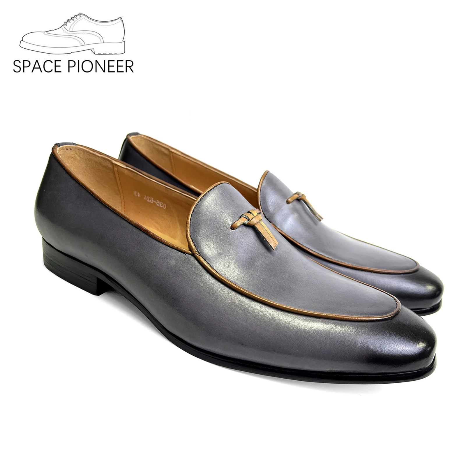 Italian Genuine Leather Loafers Men Dress Shoes Fashion Hand-made Slip On Tassel Silver Wedding Office Shoes Casual Men Shoes