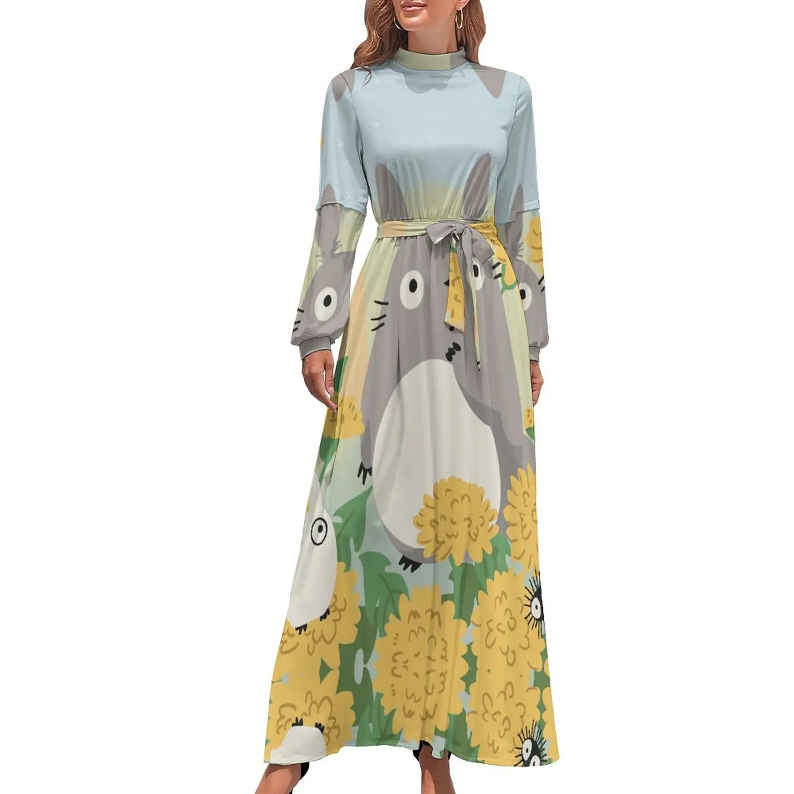 

Cute Totoro Dress Flowers Print Elegant Maxi Dress Streetwear Bohemia Long Dresses High Neck Pattern Vestido