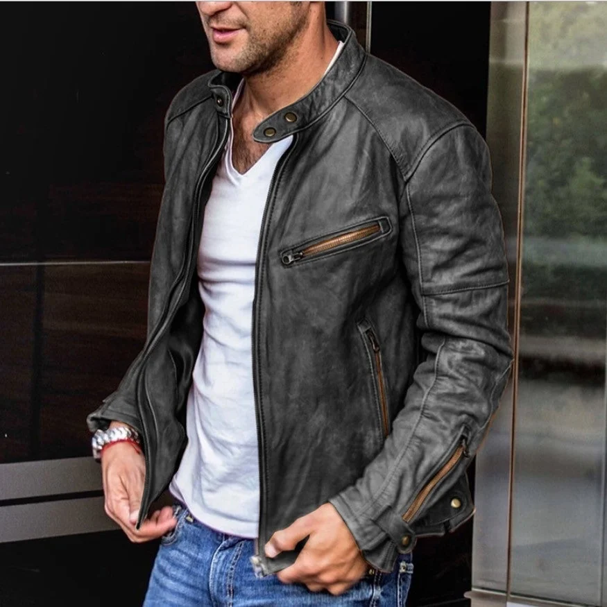 S-5XL Men's Retro Washed Leather Coat Daily Casual Zipper Decoration PU Leather Jacket Male Handsome Motorcycle Jackets Outwear