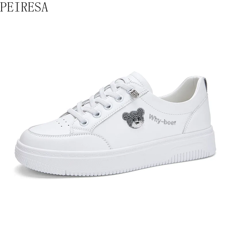 Flat Casual Shoes Leather 2022 Spring and Autumn New Bear Lace Up White Shoes Elastic Women's Shoes