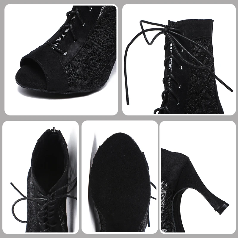 SWDZM Women Dance Shoes Lace Ballroom Boots High Top Black Jazz Dance Shoe Suede Sole Shoes For Dancing Customizable heel height