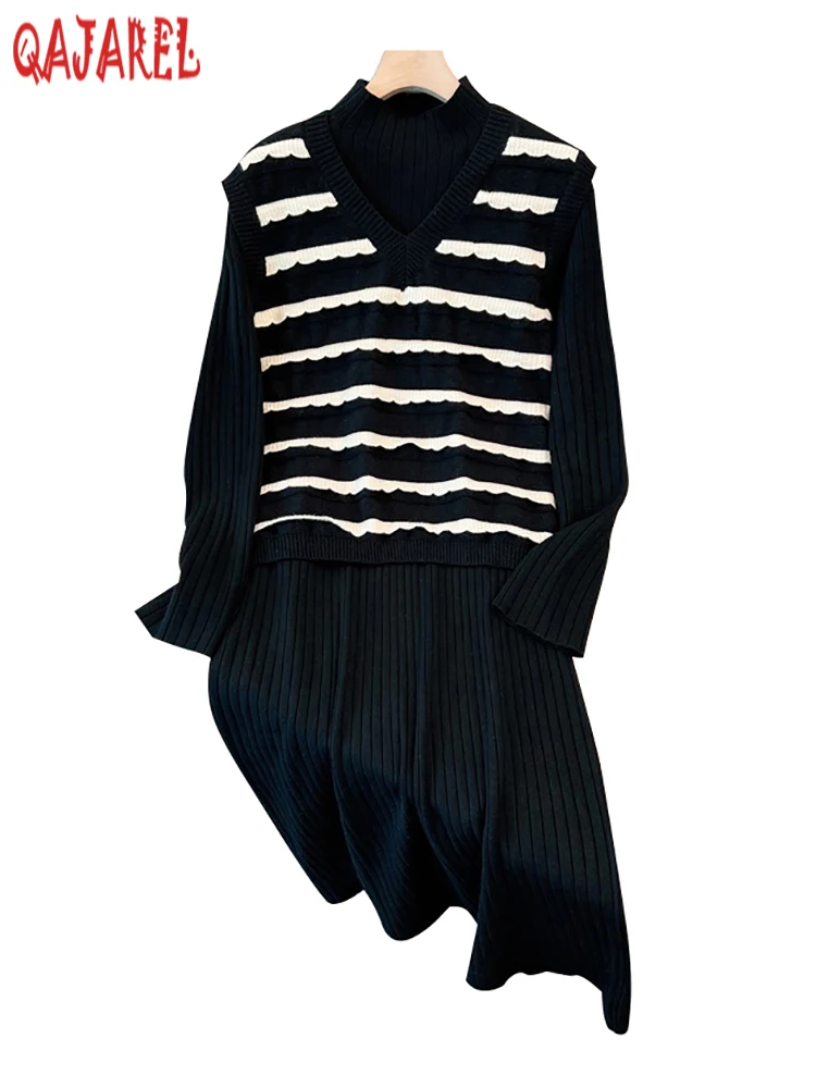 2023 Autumn Winter Knitted Warm Sweater Sets Women Striped Vest+Black Long Sleeve Elegant Sweater Dress Two Piece Dress Suits