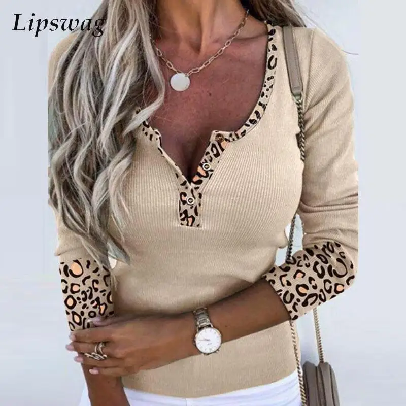 

Женская модная Осенняя облегающая блузка в рубчик с длинным рукавом, Элегантная Лоскутная леопардовая рубашка, пуловер, пикантные офисные ...
