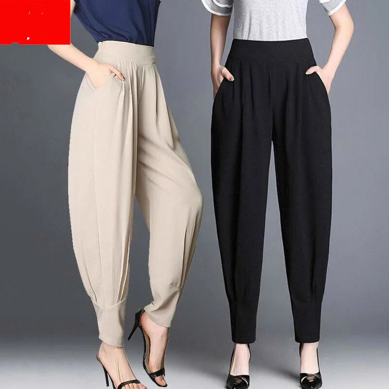 

Новые весенне-летние женские повседневные эластичные офисные свободные брюки до щиколотки с высокой талией, модель C171