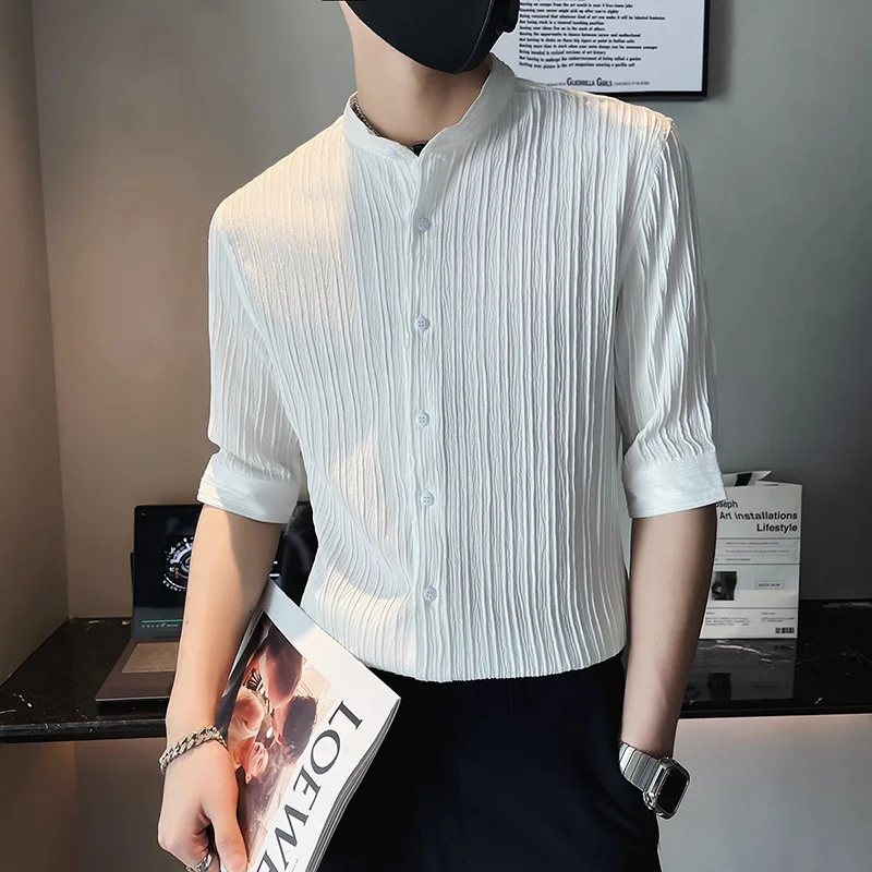

2022 Men's Business Stand Collar Half Sleeve Casual Shirts/Male Slim Fit High-Grade Stripe Shirts/ Club Wear Formal Clothing Top