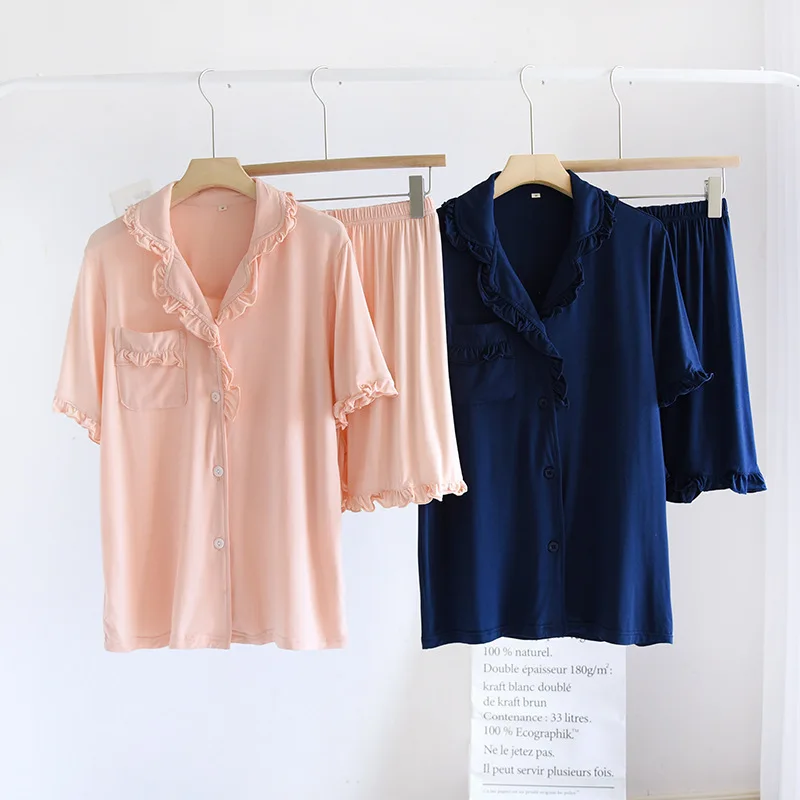 

Modal pajamas women's summer short-sleeved shorts Japanese cardigan loose thin section large elastic lace collar home service