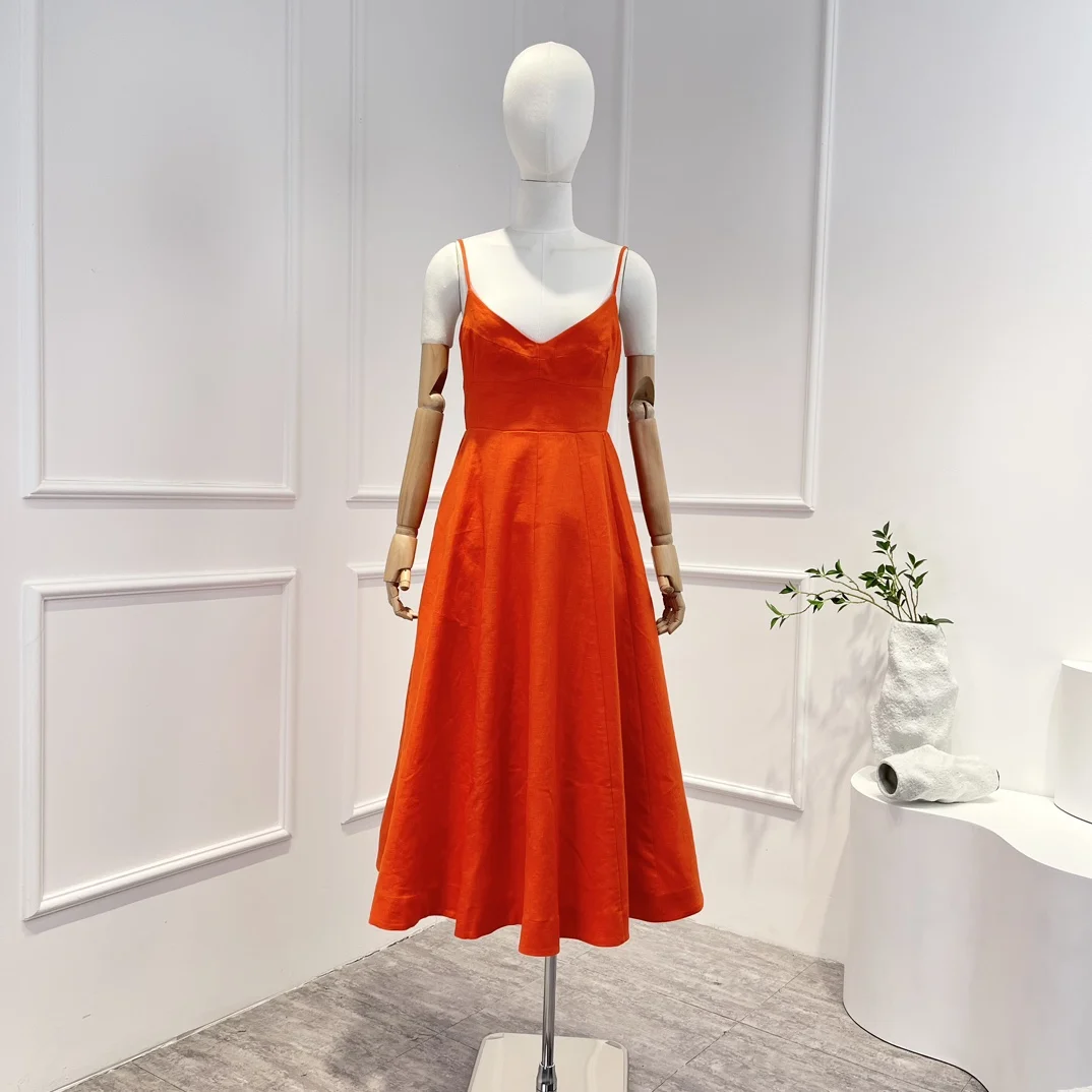 

Red 2023 New High Quality Linen Summer Solid Party Sleeveless V-neck Camisole Woman Midi Dress