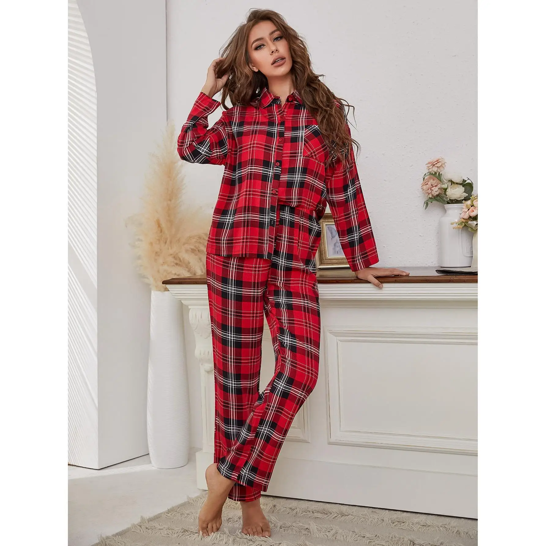 Women's Pajamas Set Christmas Winter Red Plaid Pyjamas For Lady Long-Sleeve Nightwear Sleepwear Home Clothing Designer Pjs
