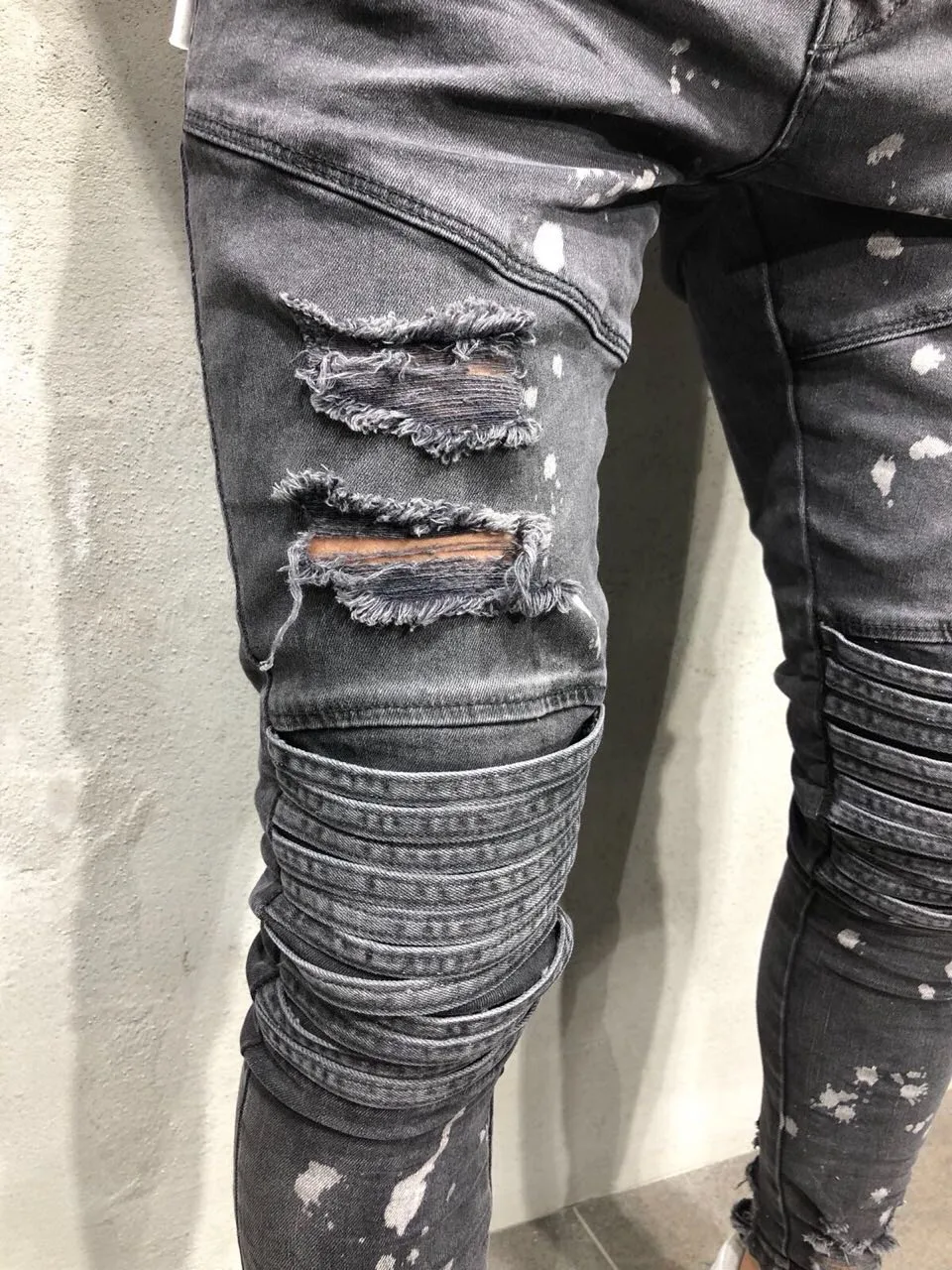 Men's Hole Fashion Jeans Slim Hip-hop Zipper Jeans Men's Fashion Knee Hole Zipper Small Foot Hole Pop Men's Motorcycle Pants