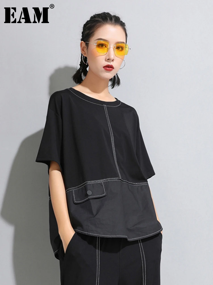 

[EAM] 2023 New Spring Summer Round Neck Half Sleeve Black Button Split Joint Loose Big Size T-shirt Women Fashion Tide JW599