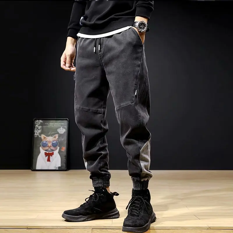 

Autumn New Men Casual Jeans Fashion Loose Drawstring Male Black Gray Denim Pants Preppy Style Student Splicing Straight Trousers
