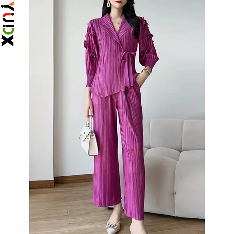 

YUDX Miyake Pleated Beading 2 Pieces Set Women Lace-up Lapel Top + Wide Leg Trousers Elegant Chic Style New 2023 Fashion Female