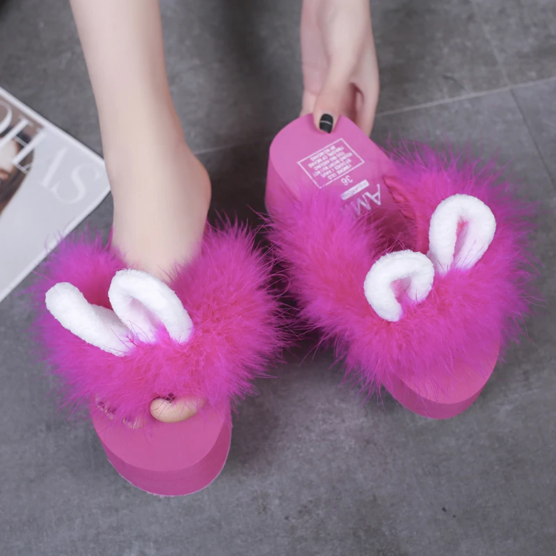 

Fur Shoes On A Wedge Womens Slippers Outdoor Rubber Flip Flops Med Luxury Slides Shale Female Beach Big Size Plush Hawaiian Desi