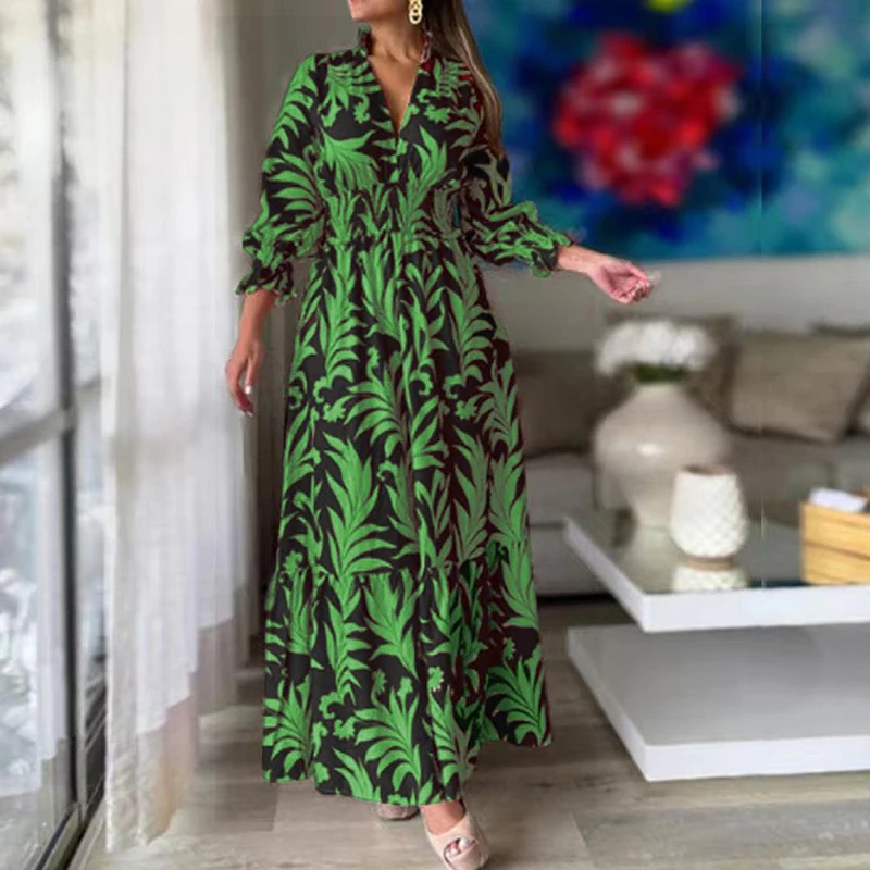 

Printing A-line Party Dress Women Fashion Autumn V-neck Ruffle Sleeve Maxi Dresses Elegant Ladies Bohemian Long Dress Vestidos