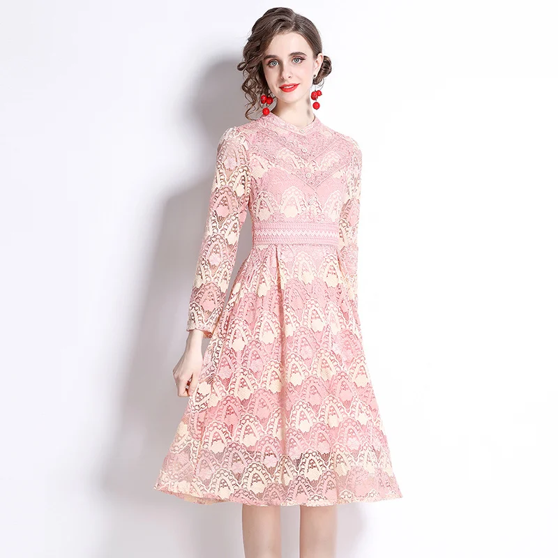 Симжент Розовое кружевное платье для женщин 2022 весна Новая мода Элегантное платье с длинным рукавом и вышивкой до колена Платья прямого силуэта Джурк SG221415.