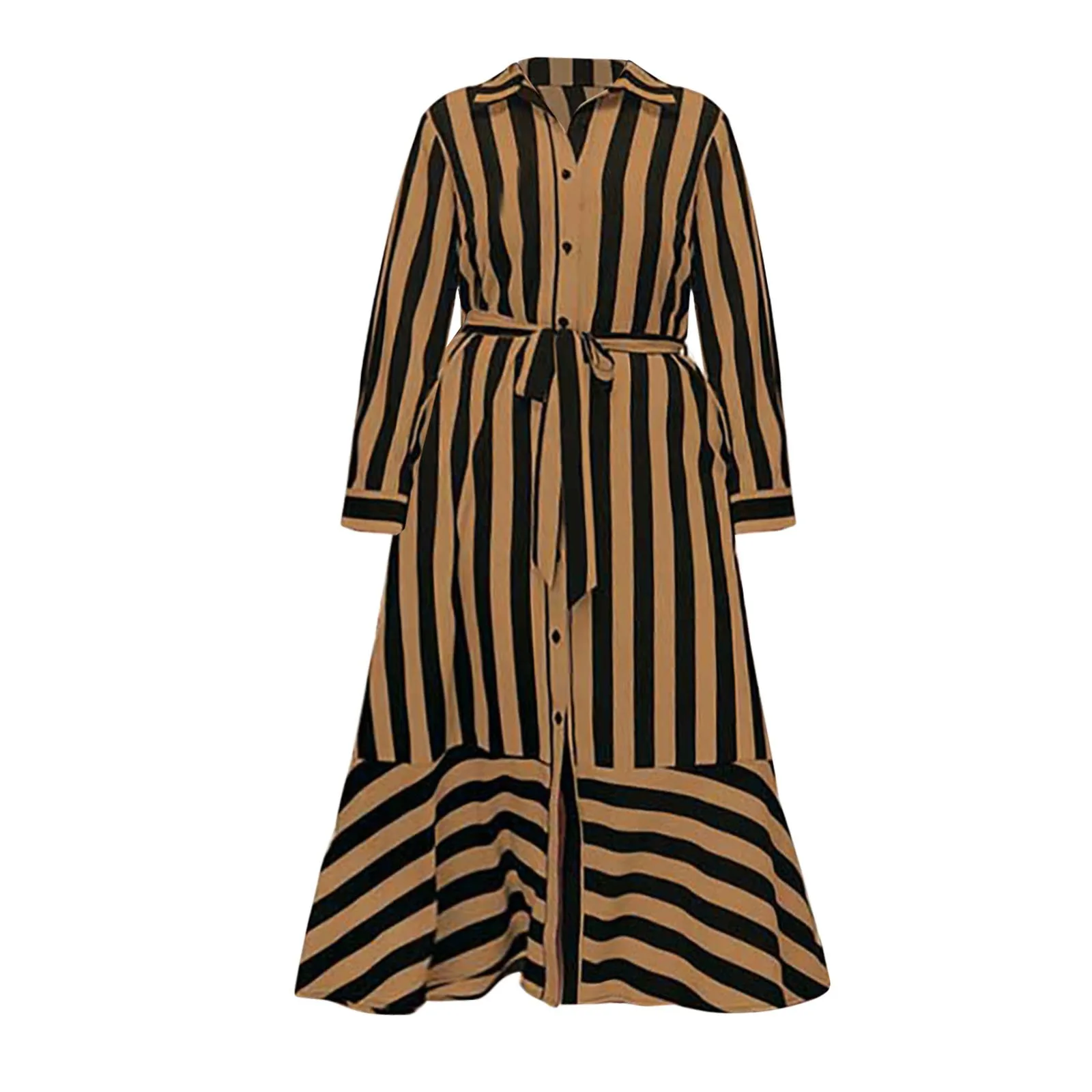 

Ladies Striped Printed V Neck Button Tie Ruffle Hem Long Sleeve A Line Long Dress Cute Womens Dresses for Summer