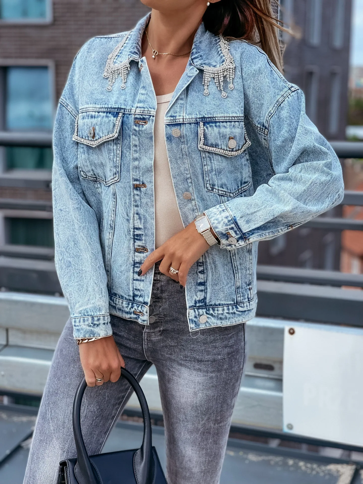 

Retro Spliced Rhinestone Denim Coat Ladies Long Sleeve Single Breasted Washed Jacket Women Fashion Casual Light Blue Cowboy Tops