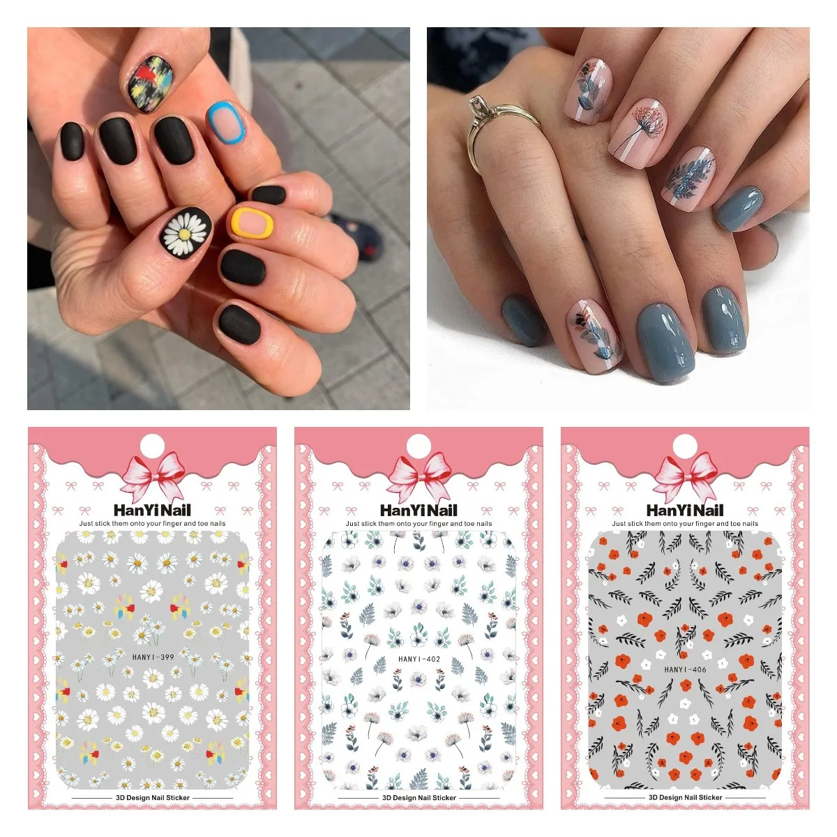 

3pcs/pack Exquisite HANYI 399-409 Nail Stickers Daisy Butterfly Garden 3D Nail Enhancement Sticker With Back Glue ForDIY