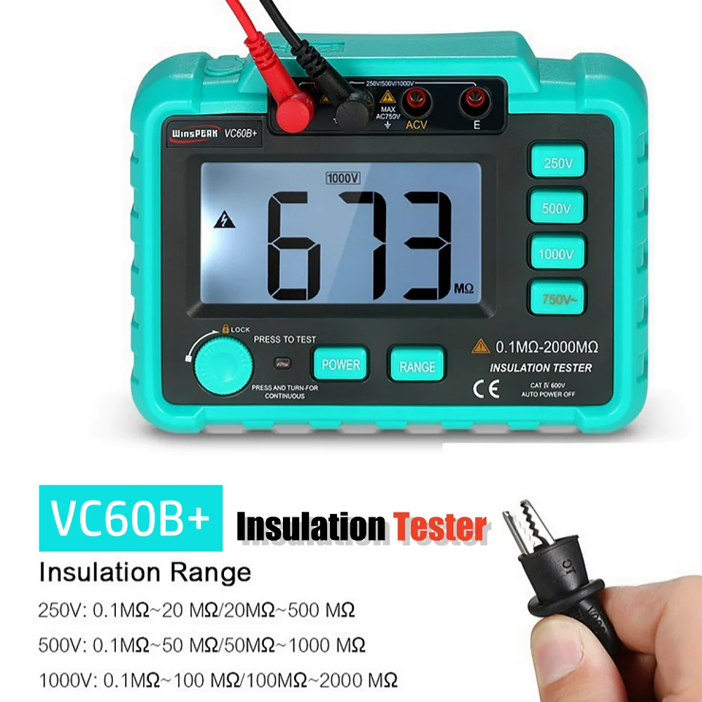 Фото Цифровой мегомметр VC60B+, тестер изоляции высокого напряжения 250 В/500 В/1000 В с сигнализацией ввода короткого замыкания, диапазон от 0,1 МОм до 2000 МОм №3
