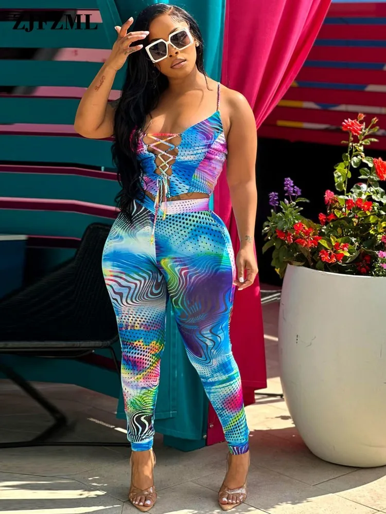 

Aesthetic Print Two Piece Set Women Sexy Criss Cross Lace Up Spaghetti Strap Crop Tops and High Waist Pencil Legging Streetwear
