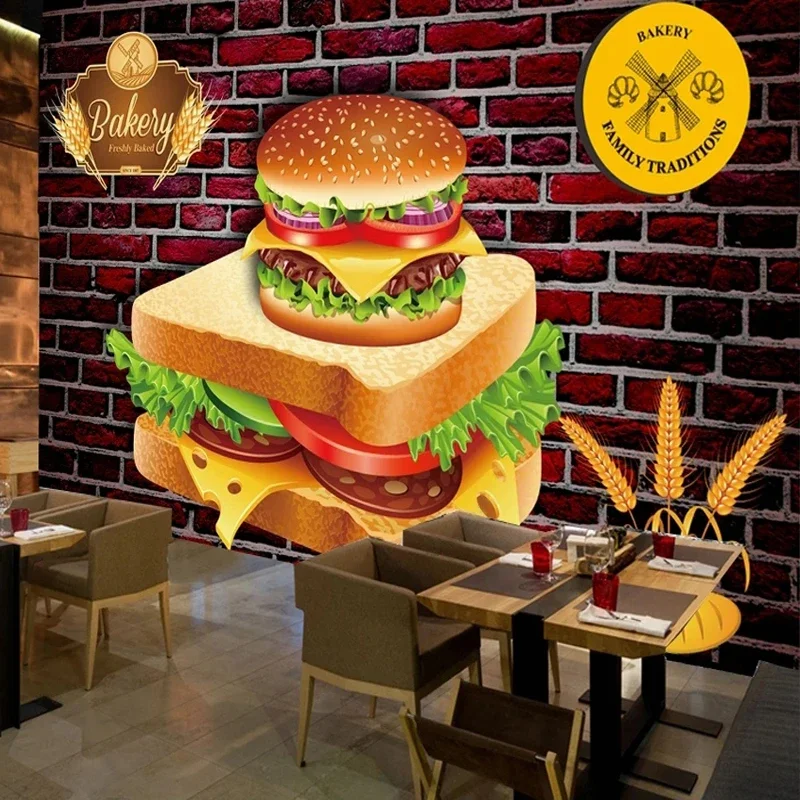 

Custom Photo Mural 3D Brick Wall Fast Food Bread Burger Sandwich Wallpaper for Western Restaurant Dinning Room Backgroound Decor