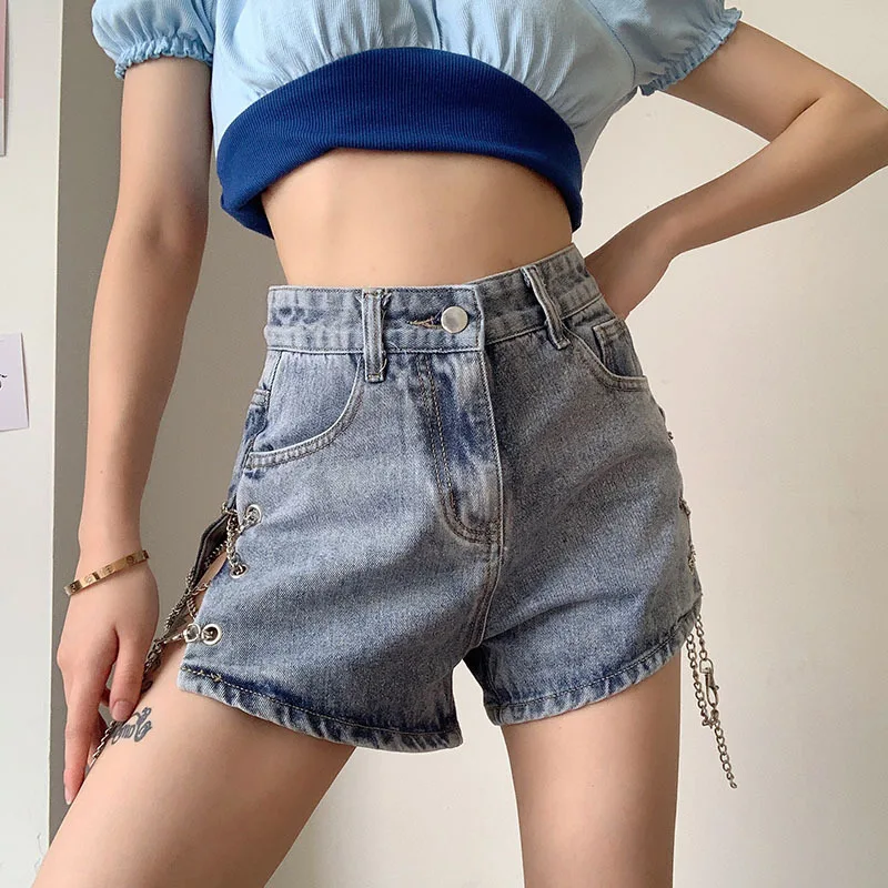 Harajuku Denim Shorts with Chain Summer Women Sexy Solid Colors High Waist Straight Shorts Y2k Streetwear Buckle Wear Slim Split