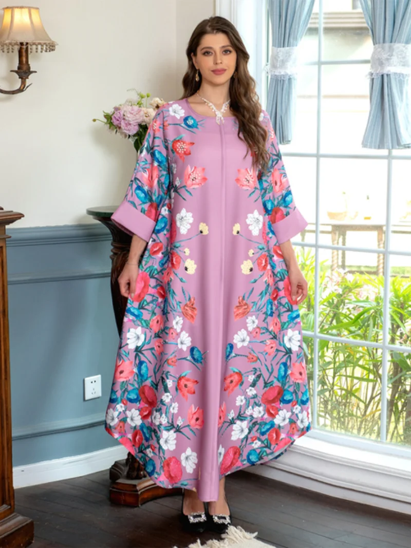 Saudi Women Abayas Retro Floral Print Beading O-Neck Long Dresses 2023 Spring Summer Casual Party Chic Dress Elegant Robe