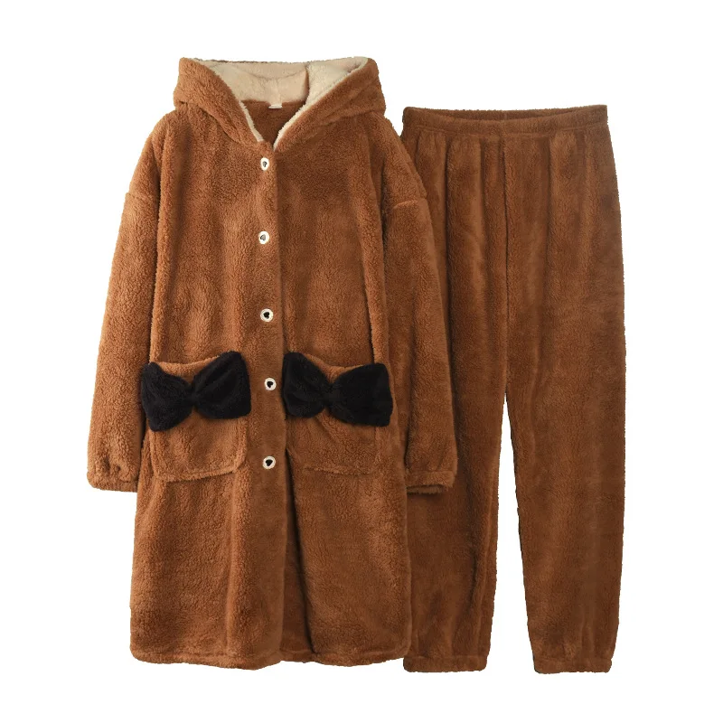 Winter Sleepwear Brown Long Sleeves Pajamas Sets Sleep Suit Nightwear Bathrobe Cardigan Homewear Loose Casual Loungewear 2Pcs