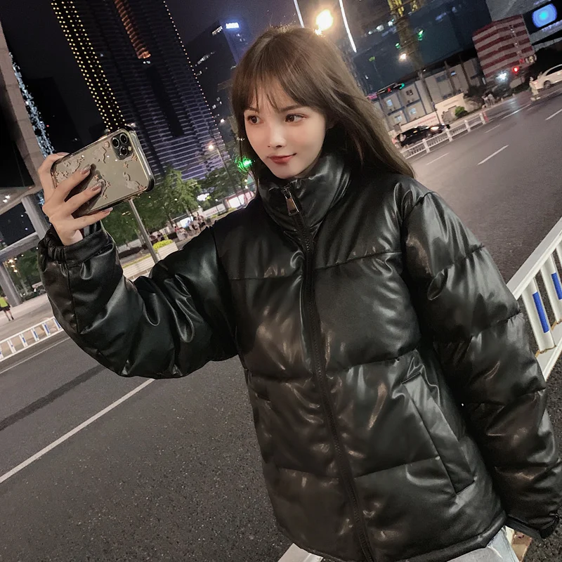 PU Leather Jacket Women Cotton Padded Coat Female Fashion Thick Warm Casual Overcoat Autumn Winter Loose Parka Outwear Vintage