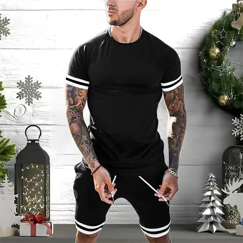 2023 summer men's suit stitching T-shirt + shorts 2 sets of casual breathable sportwear 3D printed fashion novel short-sleeved t
