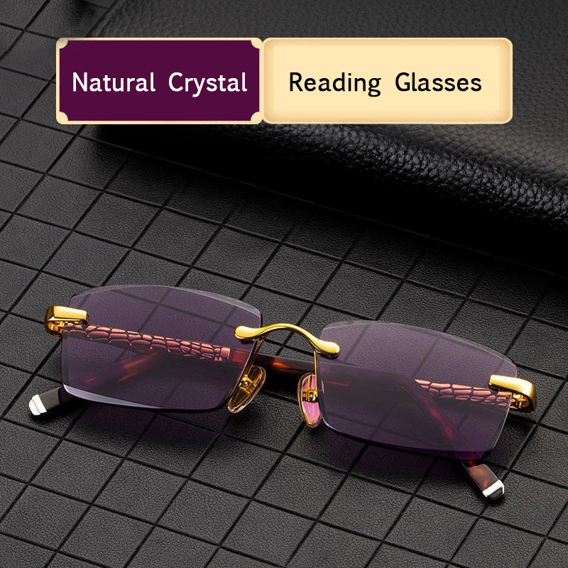 

Natural Crystal Stone Reading Glasses Man Luxury Purple Rimless Glass Presbyopia Woman Acetate Frame +1.0 +1.5 +2.0 +3.0 +4.0