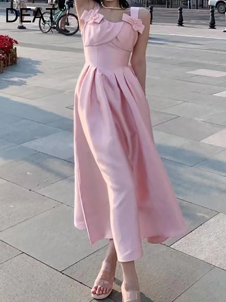 

[DEAT] Women's Evening Dress Camisole Sleeveless High Waist Flower Pink Backless Fashion Female Dresses Summer 2023 New 13DB1704