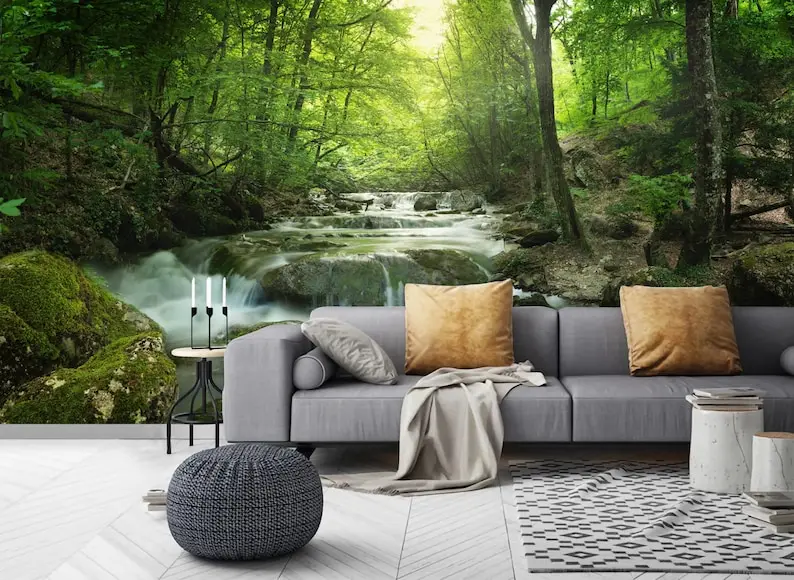 

Waterfall Removable Wallpaper Forest Tree Green Nature 3d Landscape Peel And Stick Non Woven Self Adhesive Wall Mural