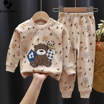 2022 New Kids Boys Girls Pajama Sets Cartoon Print Long Sleeve Cute T-Shirt Tops with Pants Toddler Baby Autumn Sleeping Clothes 1