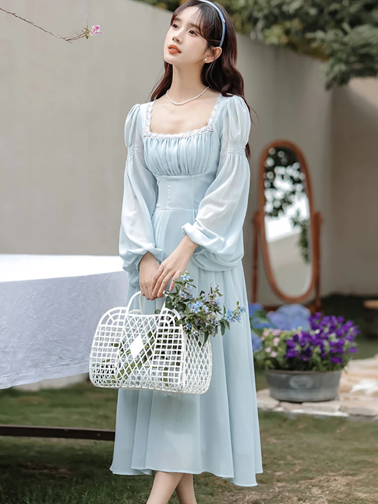 Новинка 2024 синее элегантное кружевное длинное платье с квадратным вырезом