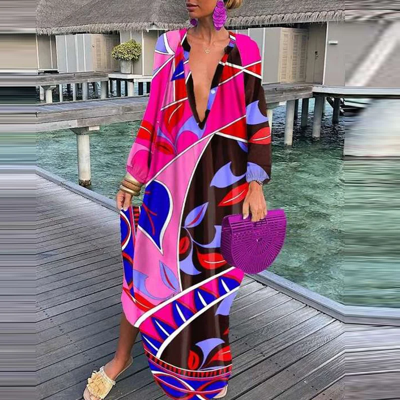 

Женское платье с длинным рукавом, V-образным вырезом и цветочным принтом