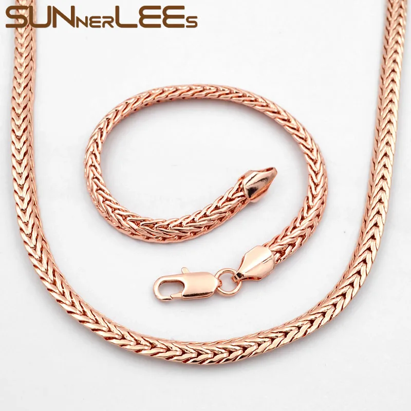 

SUNNERLEES Fashion Jewelry Rose Gold Color Necklace Bracelet Set 4mm 6mm Popcorn Snake Link Chain For Mens Womens Gift C27 S