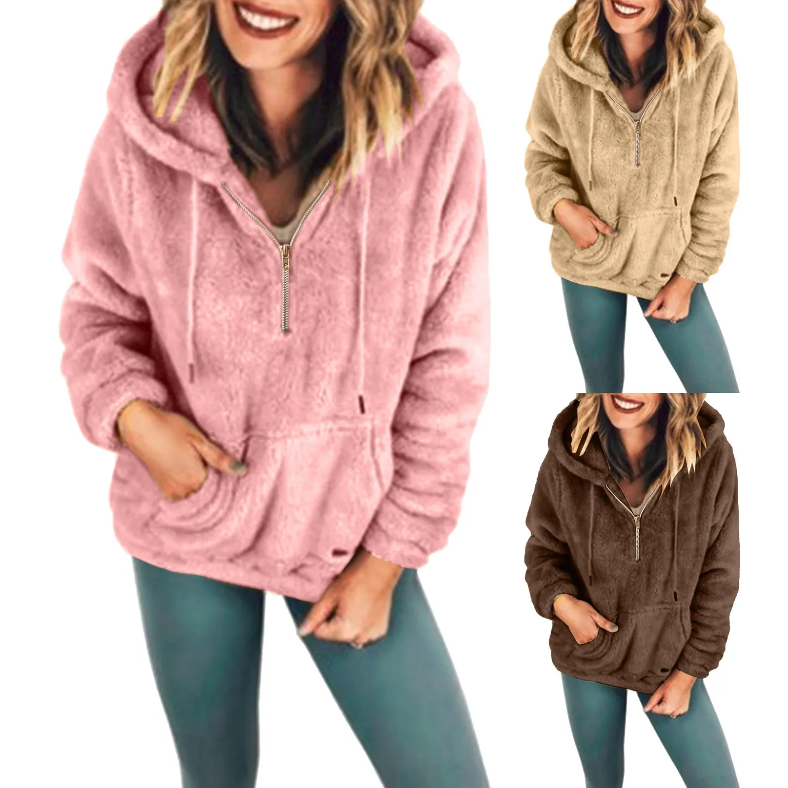 

Женская модная толстовка с капюшоном, зимнее теплое шерстяное пальто с карманами из хлопка, верхняя одежда, топы с капюшоном
