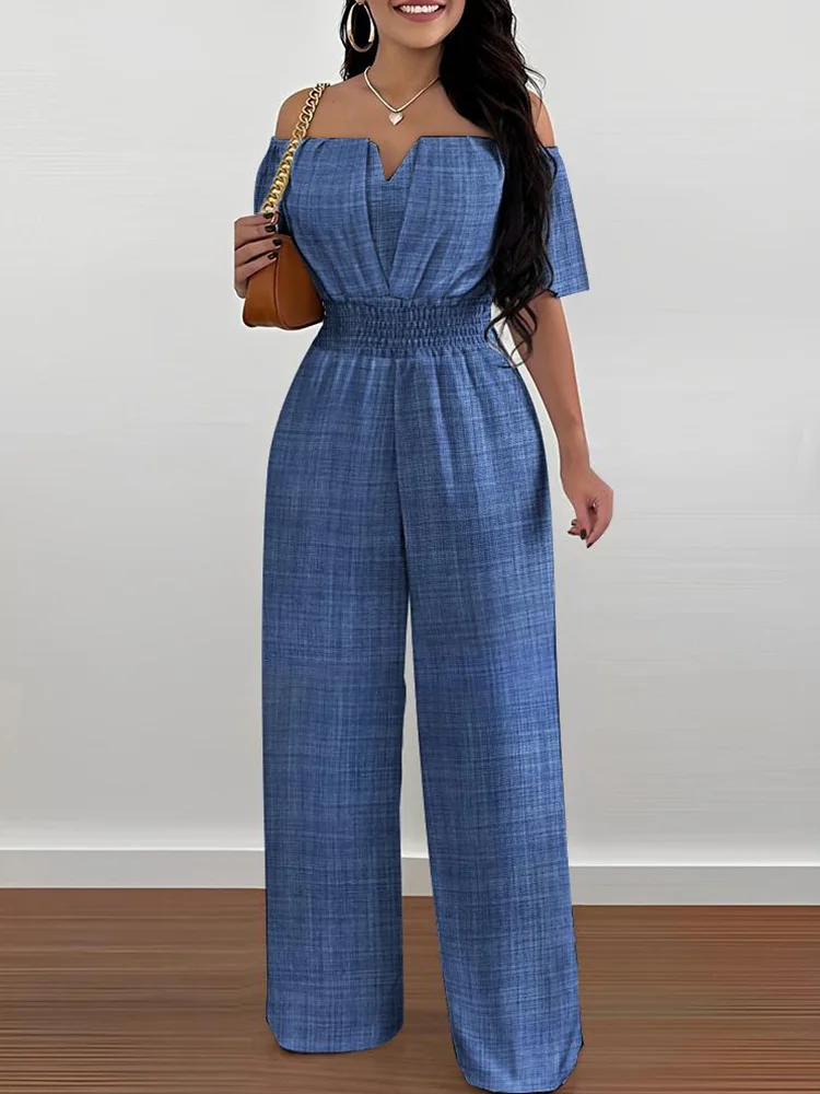 

Solid Off Shoulder Shirred Waist Rompers Women Jumpsuit