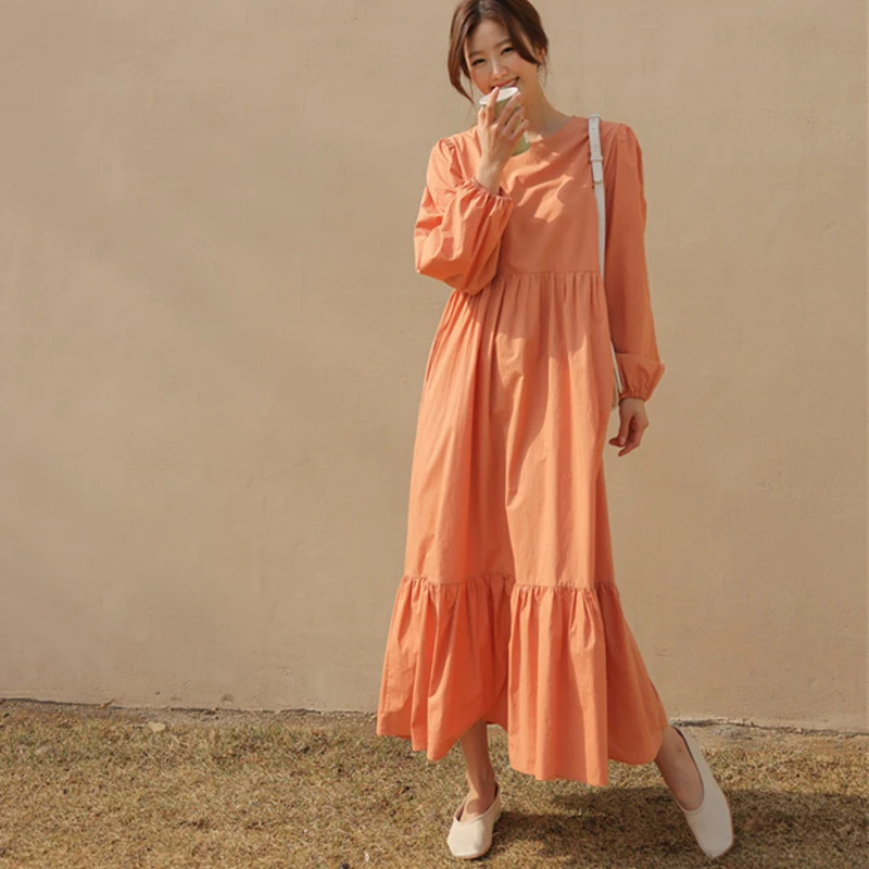 

Женское платье с круглым вырезом Johnature, однотонное повседневное Свободное платье с пышными рукавами, в Корейском стиле, для лета, 2023