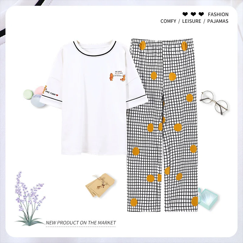 pajamas female summer short sleeved trousers pure cotton lovely student princess style less women's home clothes suit