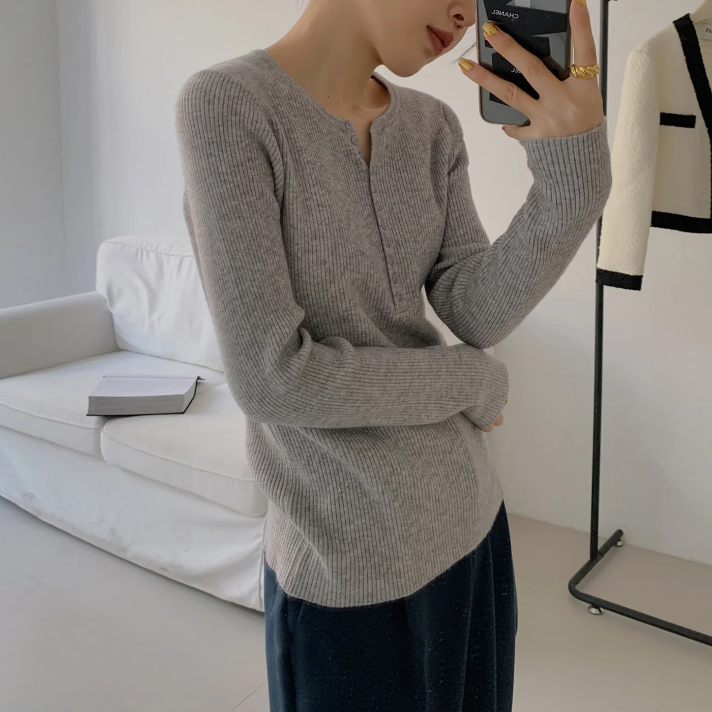 

Women Ribbed Henley Sweater Semi Button Front Pullover Knitted Jumper