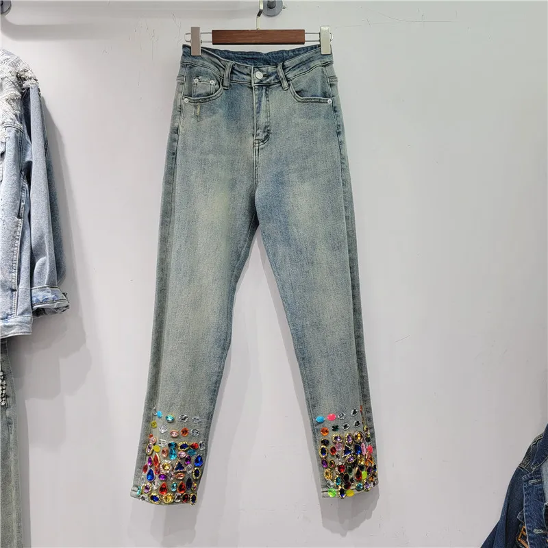

Heavy Industry Colorful Diamond High Waist Denim Pants 2023 New Spring Fall Slimming Stretch Cropped Jeans for Women Washed Jean