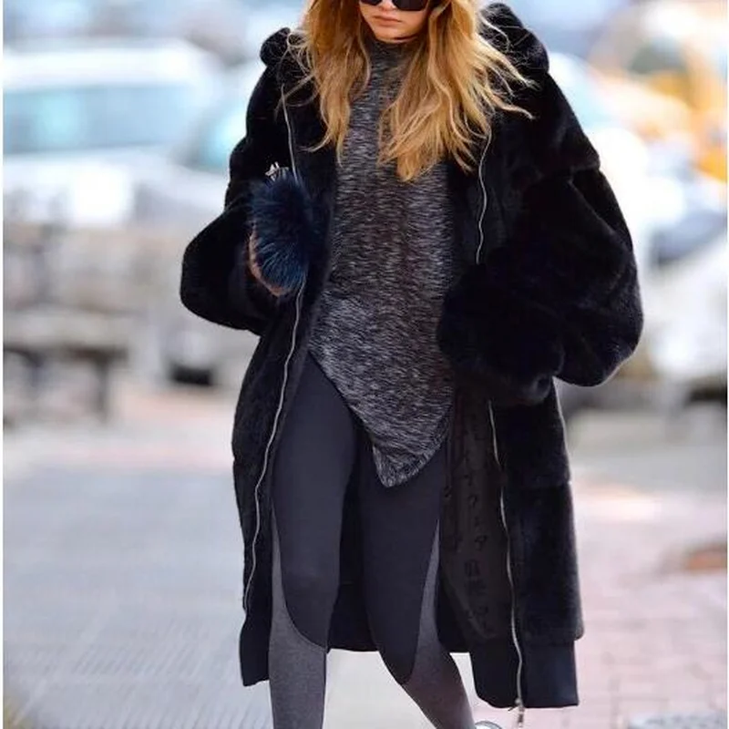 2022 New Rex Rabbit Fur Long Section Pure Color Faux Fur Coat Casual Fur Women's Jacket Winter Thicken Warm Hooded Fur Coat