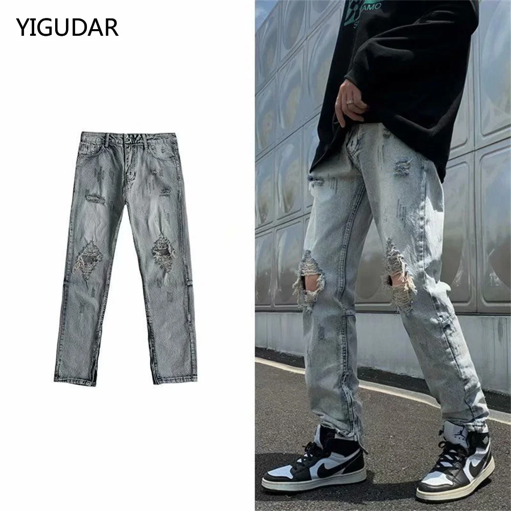 

Ripped Holes Jeans Men Summer Baggy Oversized S-3XL Mopping Denim Wide Leg Trousers Casual Retro Hip Hop Korean Fashion Bottoms
