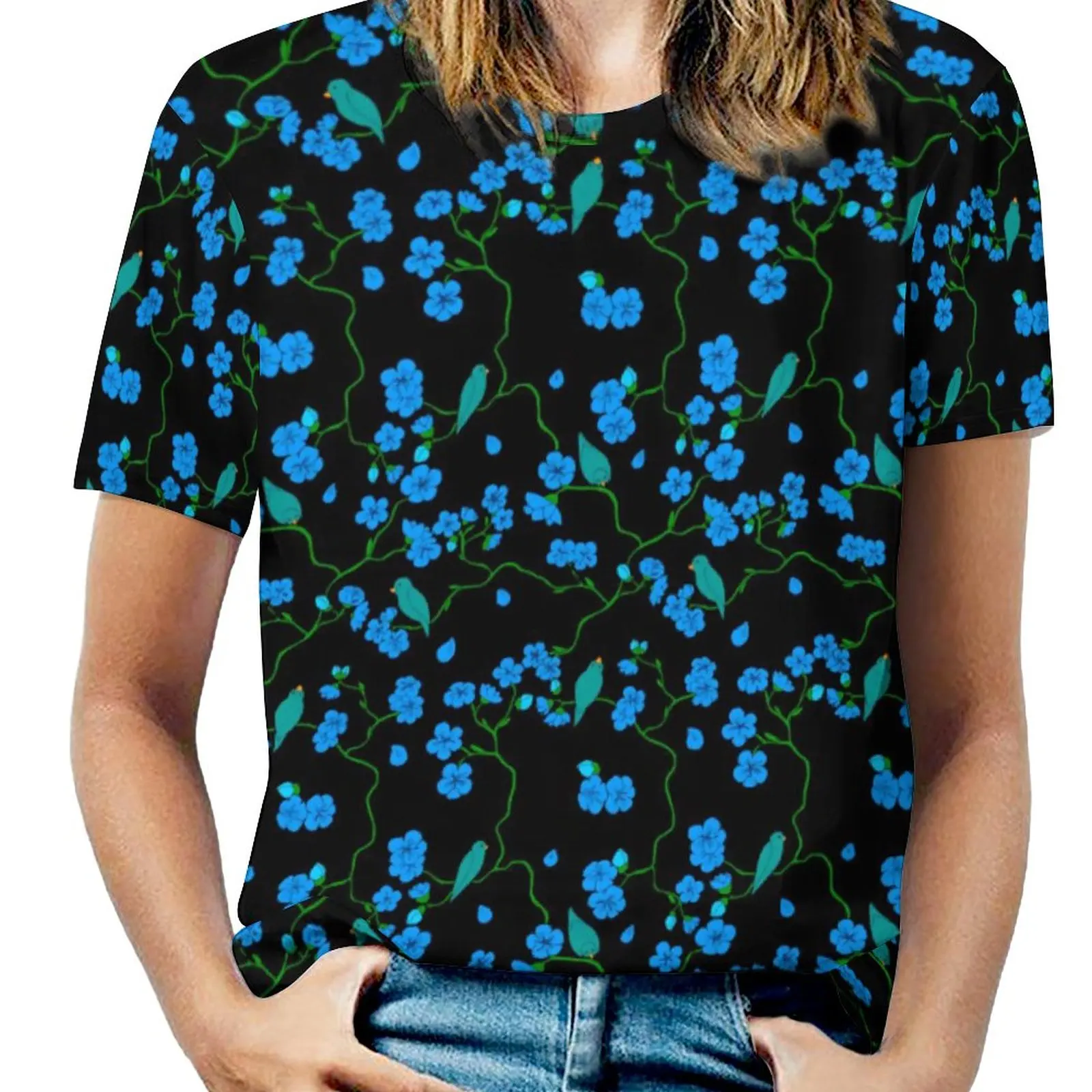 

Футболка в стиле Харадзюку с изображением птиц и цветов